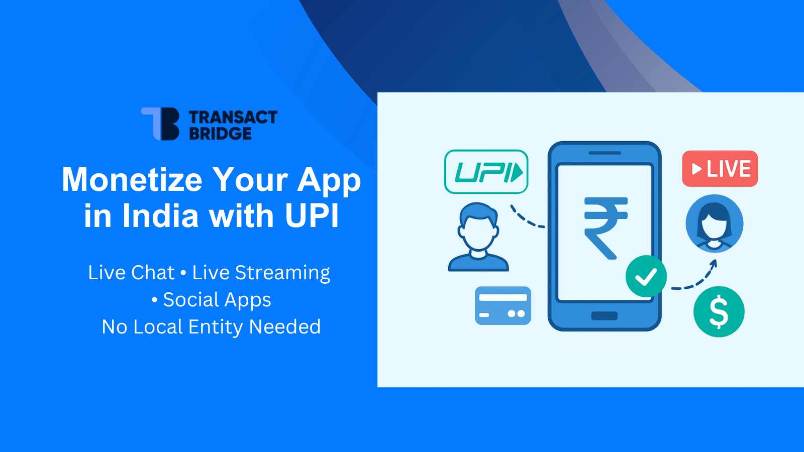 Illustration showing live chat, live streaming, and social apps connected to UPI payments in India.